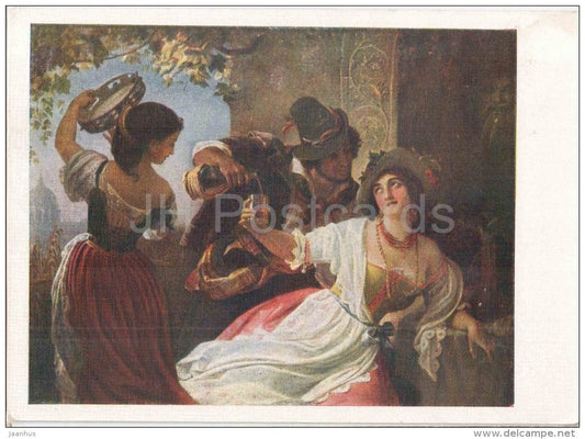 painting by P. Orlov - October Festival in Rome , 1851 - women - wine - russian art - unused - JH Postcards