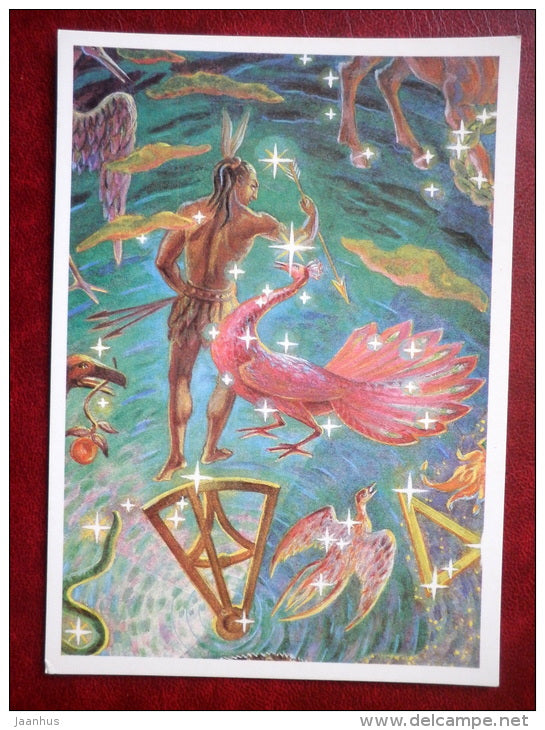 Octans - Apus - Indus - constellations - octant - paradise bird - indian stars - night sky - 1990 - Russia USSR - unused - JH Postcards