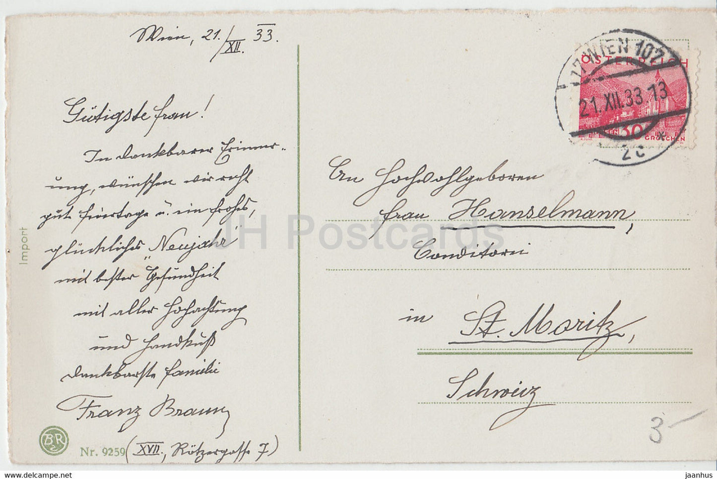 Christmas Greeting Card - Ein Frohes Weihnachtsfest - church - BR 9259 - old postcard - 1933 - Germany - used