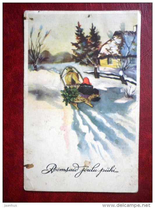 Christmas Greeting Card - horse sledge - winter - circulated in 1936  - Estonia - used - JH Postcards