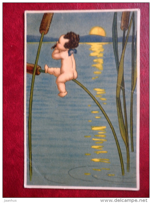 illustration - baby - reed mace - Novitas , Neuheiten - circulated in 1923 in Estonia - Germany - used - JH Postcards