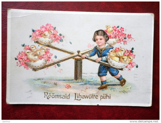 Easter Greeting Card - boy - chiken - flowers - golden colour - SER 2429 - circulated in 1932 - Estonia - used - JH Postcards