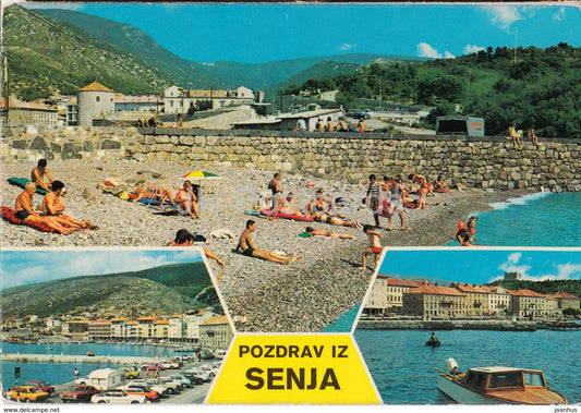 Pozdrav iz Senja - Senj - Premantura - multiview - beach - boat - 1977 - Croatia - Yugoslavia - used - JH Postcards
