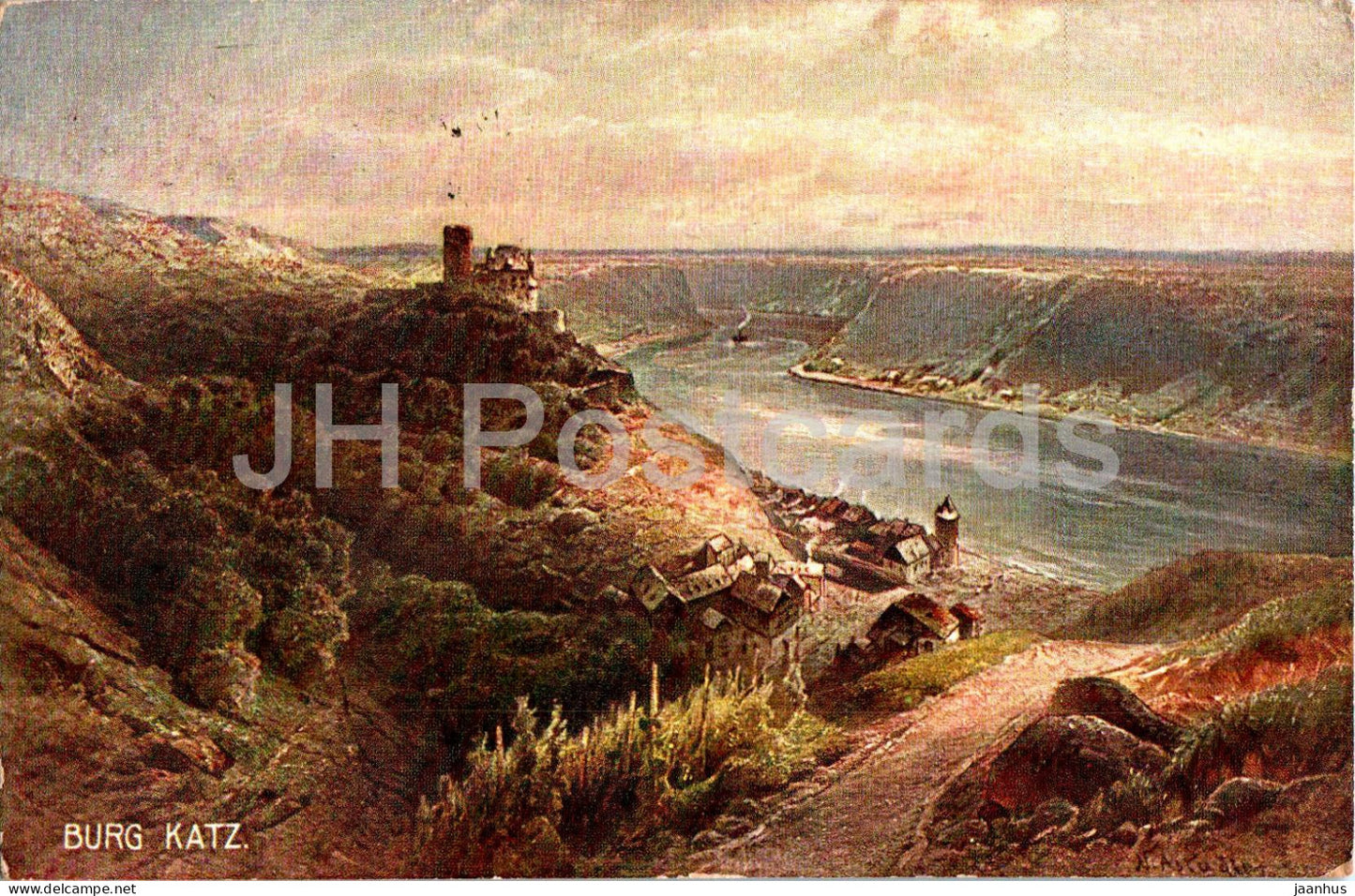 Burg Katz - castle - 92 - illustration - old postcard - 1932 - Germany - used - JH Postcards
