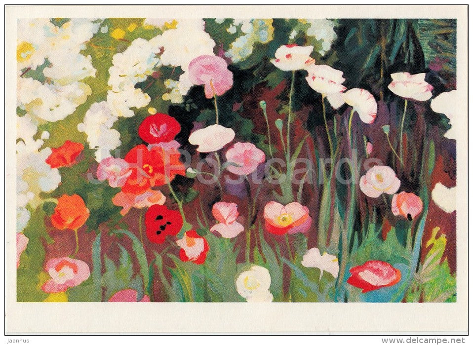 painting by O. Zardaryan - Poppies of Byurakan , 1962 - flowers - Armenian art - Russia USSR - 1982 - unused - JH Postcards