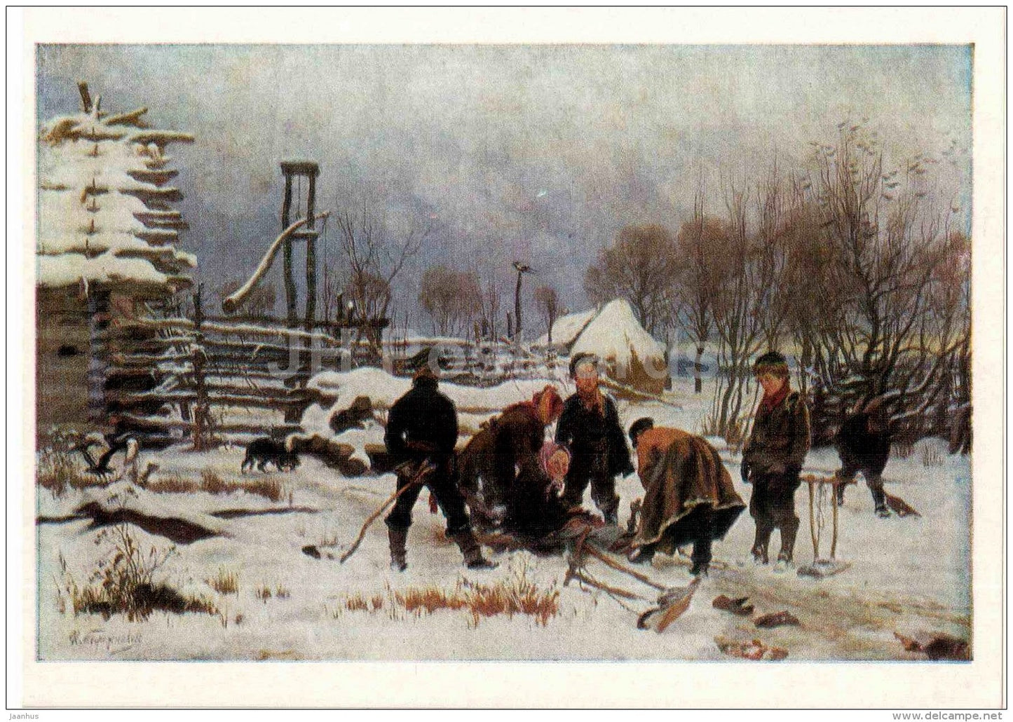 painting by I. Tvorozhnikov - In the Winter - children - Four Seasons - russian art - Russia USSR - 1980 - unused - JH Postcards