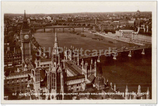 Unique view of Houses of Parliament , County Hall and Westminster Bridge - London - England - 82 - old postcard - unused - JH Postcards