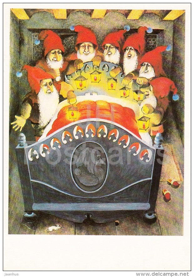 illustration by O. Kondakova - 1 - seven dwarfs - Snow White - Brothers Grimm Fairy Tales - 1986 - Russia USSR - unused - JH Postcards