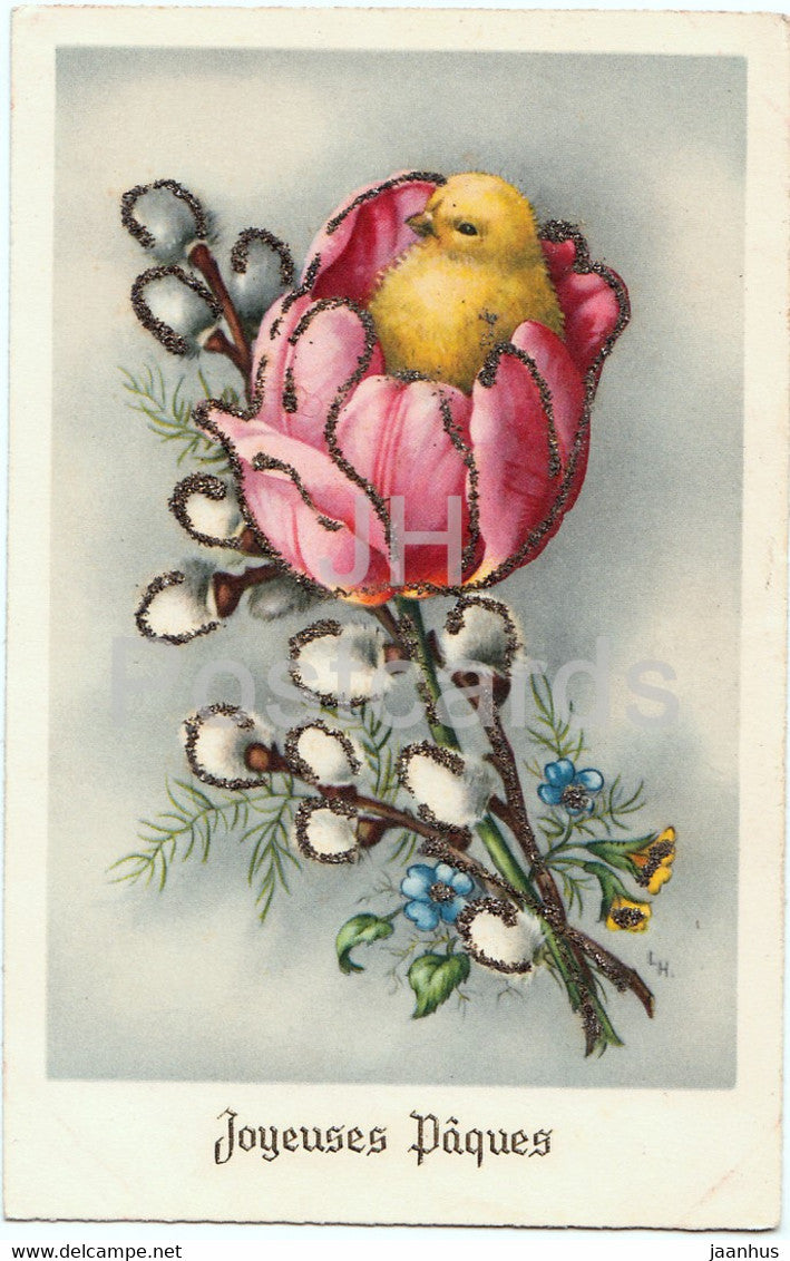 Easter Greeting Card - Joyeuses Paques - flowers - tulips - HACO - 227  illustration - old postcard 1955 - France - used - JH Postcards