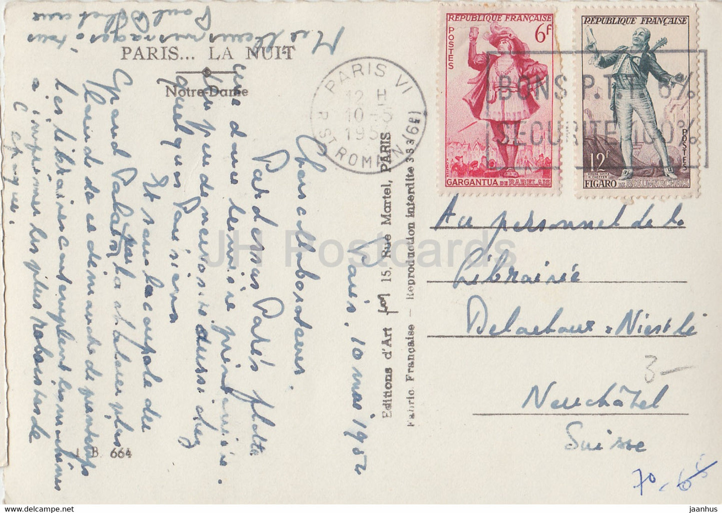 Paris La Nuit - Notre Dame - 664 - cathédrale - carte postale ancienne - 1954 - France - occasion