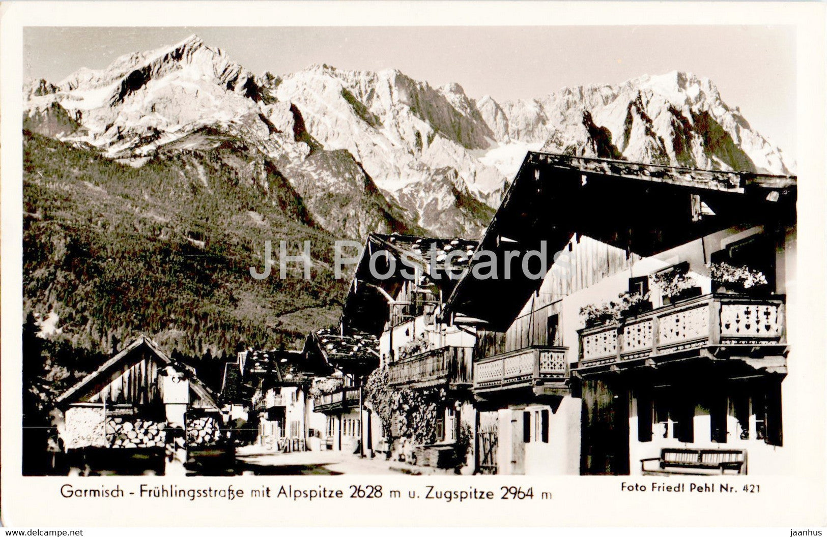 Garmisch Fruhlingsstrasse mit Alpspitze u Zugspitze - old postcard - 1952 - Germany - used - JH Postcards