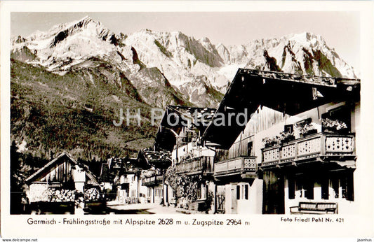 Garmisch Fruhlingsstrasse mit Alpspitze u Zugspitze - old postcard - 1952 - Germany - used - JH Postcards