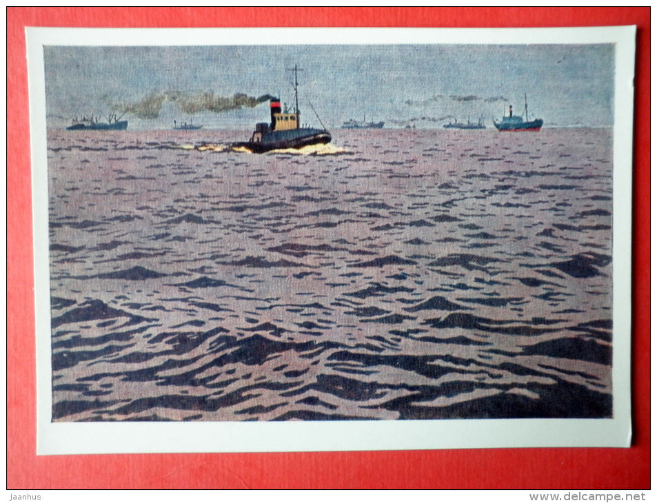 painting by Myud Mechev - Northern Dvina River , 1963 - ships - russian art - unused - JH Postcards