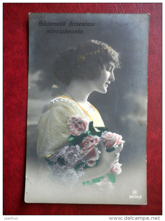 Birthday Greeting Card - lady with roses - flowers - 3836/5 - circulated in Tsarist Russia 1913 , Estonia - used - JH Postcards