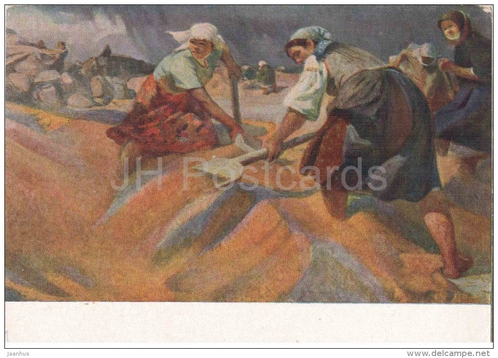 painting by N. Obrynba -  Before the Thunderstorm - women - working - russian art - unused - JH Postcards