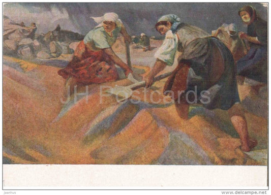 painting by N. Obrynba -  Before the Thunderstorm - women - working - russian art - unused - JH Postcards