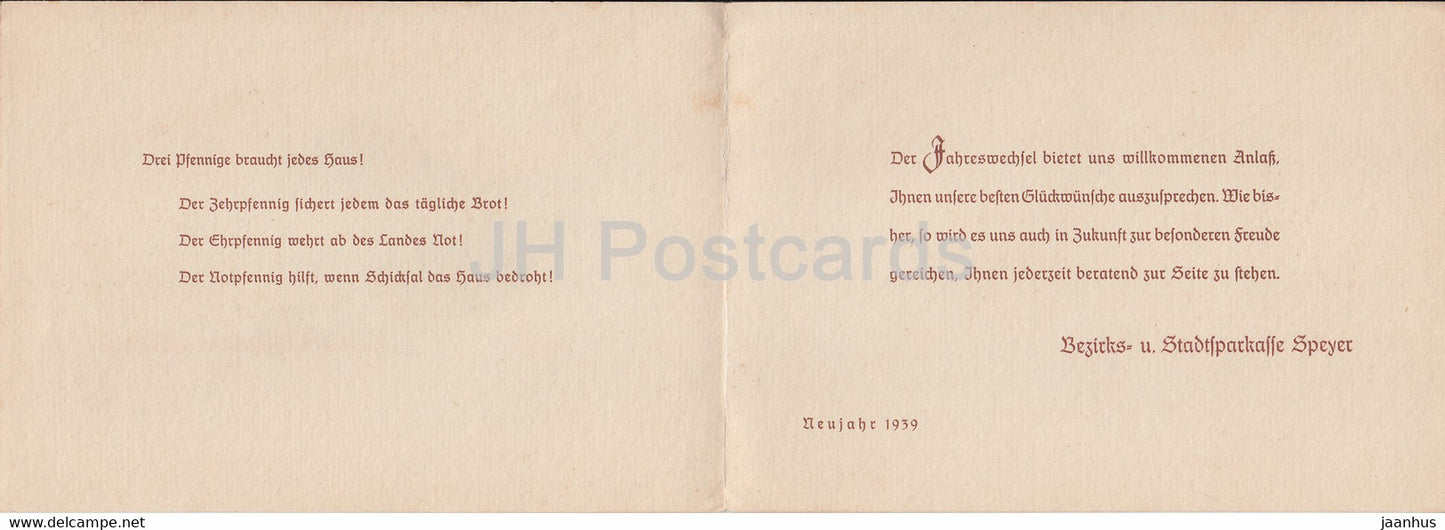 Carte de vœux du Nouvel An - Bezirks u Stadtsparkasse Speyer - 1939 - Allemagne - inutilisée