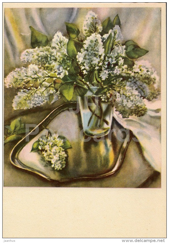 painting by L. Mei - White Lilac on a black tray - Estonian Art - 1970 - Estonia USSR - unused - JH Postcards