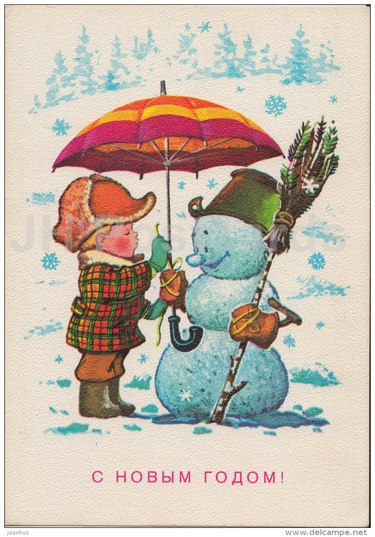 New Year Greeting Card by V. Zarubin - snowman - boy - boy - umbrella - postal stationery - 1977 - Russia USSR - used - JH Postcards