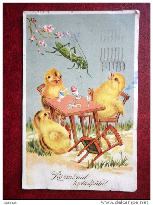 Easter Greeting Card - chicken - egg - grasshopper - MH - circulated in 1939 - Estonia - used - JH Postcards