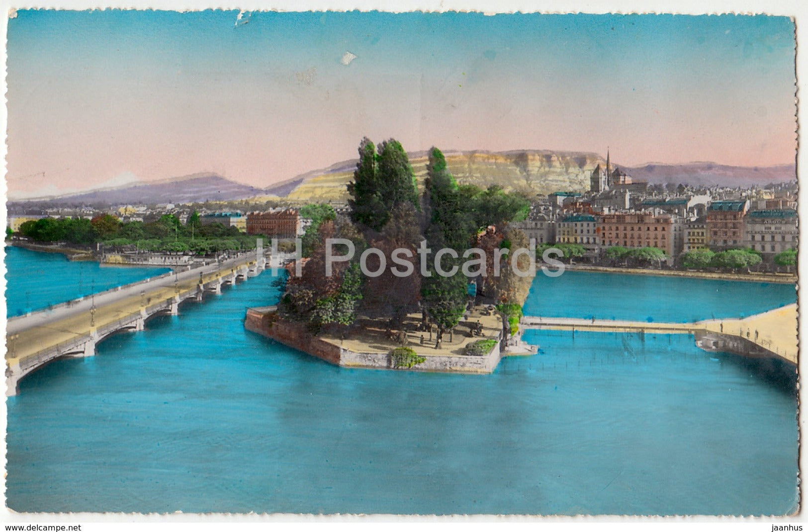 Geneve - Geneva -  Ile J.-J. Rousseau et le Mont Blanc - 7001 - Switzerland - old postcard - used - JH Postcards