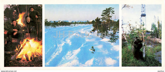 at the campfire - Siberian winter - master of the Taiga - bear - Oil Industry - Siberia - 1982 - Russia USSR - unused - JH Postcards