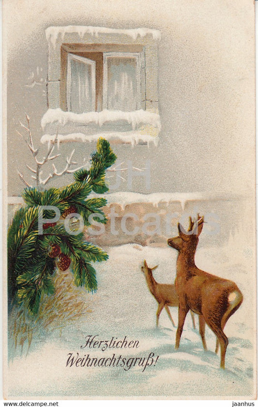 Christmas Greeting Card - Herzlichen Weihnachtsgruss - deer - window - SB 5166 - old postcard - Germany - unused - JH Postcards