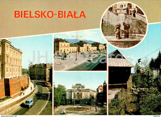 Bielsko Biala - ulica Zamkowa - Dworzec PKP - Teatr Polski - fontanna - theatre - street - multiview - Poland - used - JH Postcards