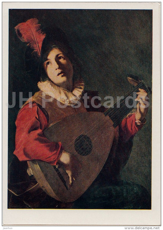 painting by Bartolomeo Manfredi - Young man with lute - old postcard - Italian art - Russia USSR - unused - JH Postcards