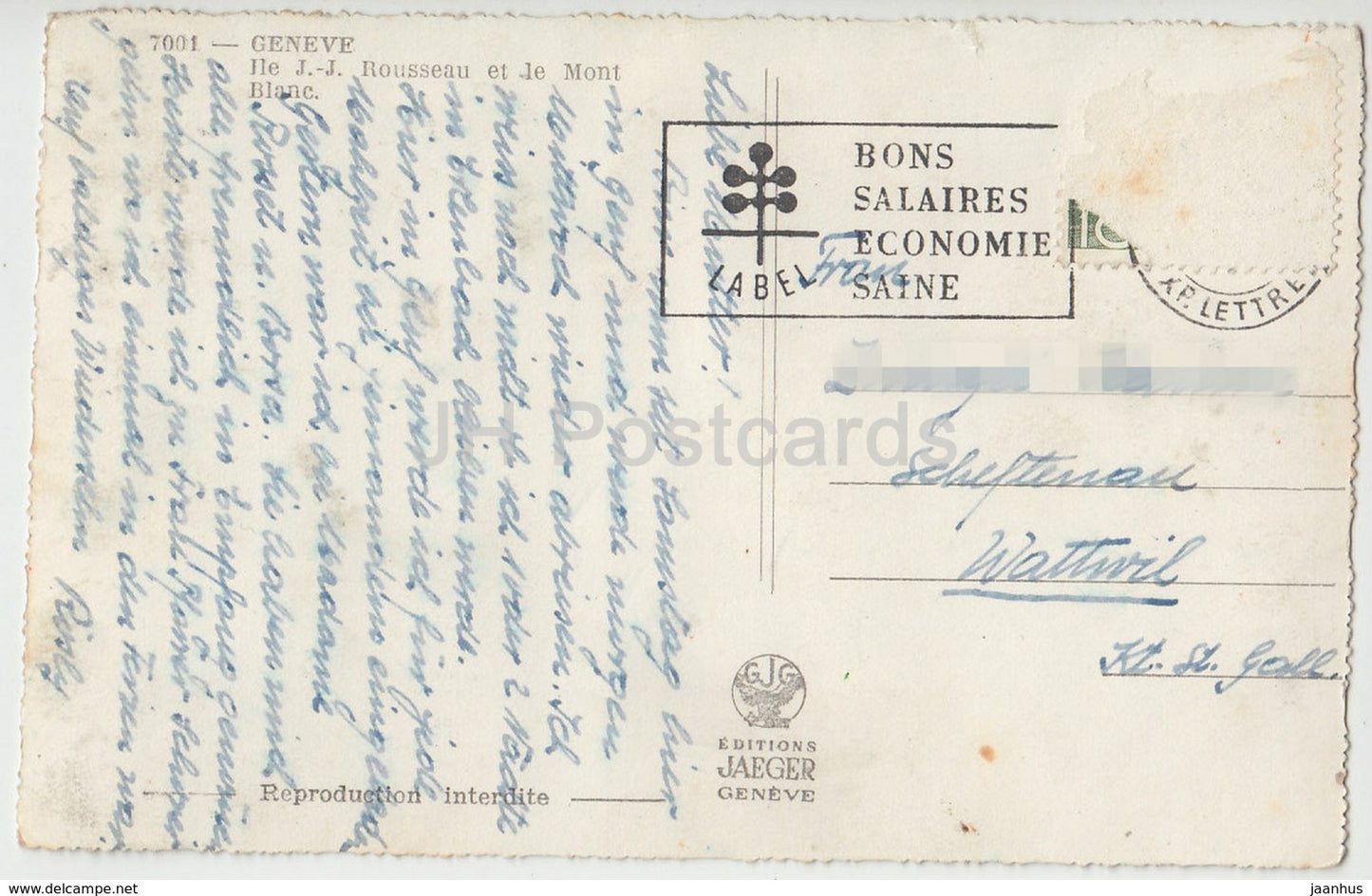 Genf - Genf - Ile J.-J. Rousseau et le Mont Blanc – 7001 – Schweiz – alte Postkarte – gebraucht