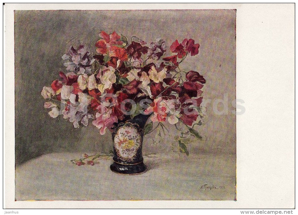 painting by A. Grekova - Sweet pea - flowers - vase - Russian Art - 1960 - Russia USSR - unused - JH Postcards