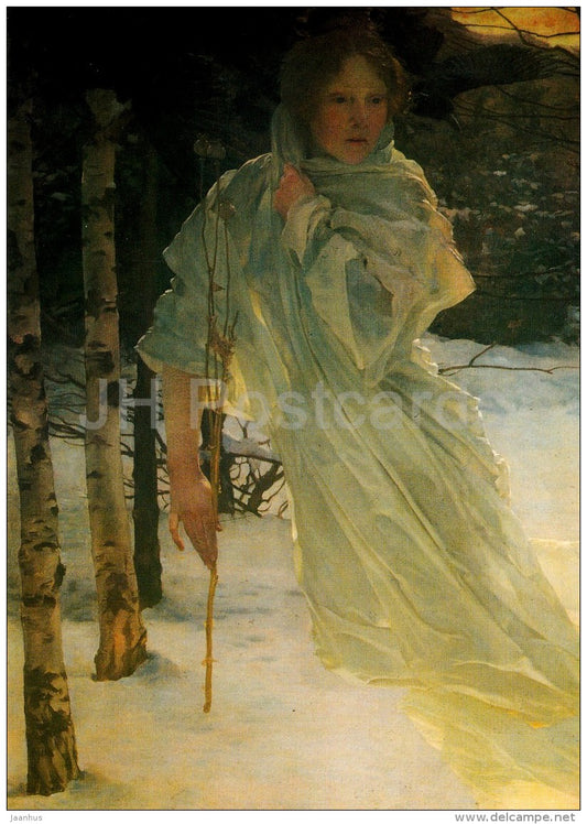 painting by Vojtech Hynais - Winter , detail , 1901 - woman - Czech art - large format card - Czech - unused - JH Postcards
