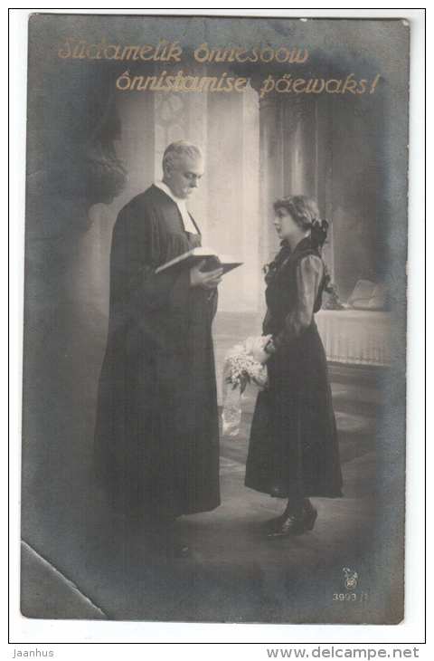 Young woman and minister - flowers - 3993/1 - old postcard - circulated in Estonia 1925 - used - JH Postcards
