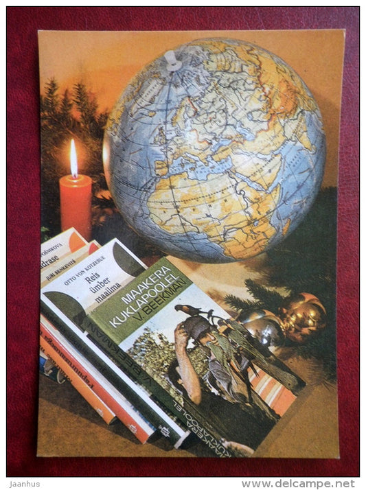 New Year Greeting card - globe - candle - books - 1984 - Estonia USSR - unused - JH Postcards