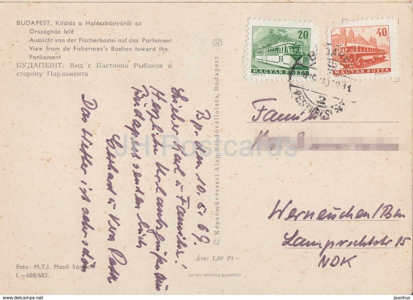 Budapest - vue du Bastion des Pêcheurs vers le Parlement - 1969 - Hongrie - utilisé