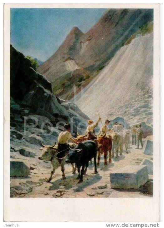painting by N. Ge - Carrara quarry , 1868 - cow - mountains - russian art - unused - JH Postcards