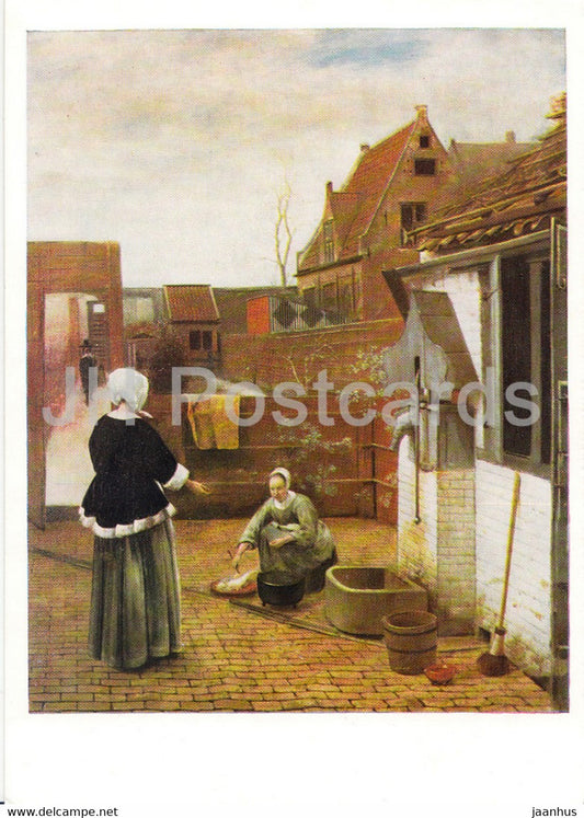 painting by Pieter de Hooch - Frau und Magd in einem Hof - Dutch art - 1973 - Germany DDR - unused - JH Postcards