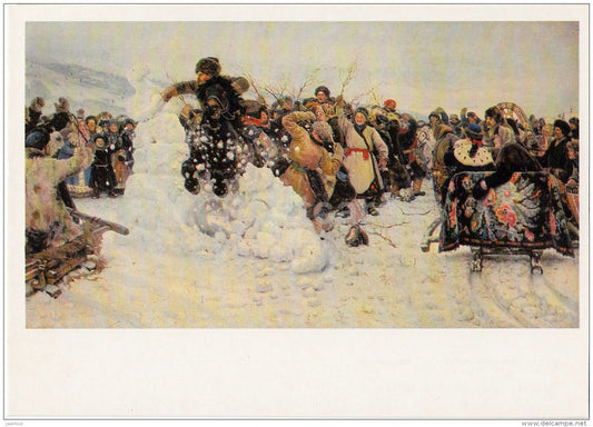 painting by V. Surikov - Battle for a snow town , 1891 - children playing - Russian art - 1988 - Russia USSR - unused - JH Postcards