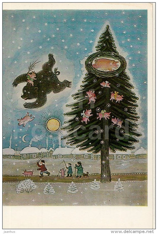 painting by Y. Vasnetsov - Rainbow , 1965-68 - bear - pigs - Fairy Tale - Russian Art - 1987 - Russia USSR - unused - JH Postcards