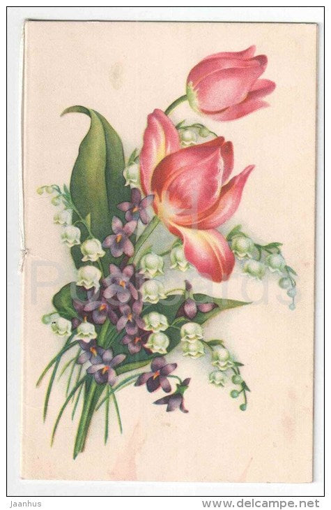 Greeting Card - Red Tulips , Hepatica , lily-of-the-valley - flowers - old postcard - used in Estonia - JH Postcards