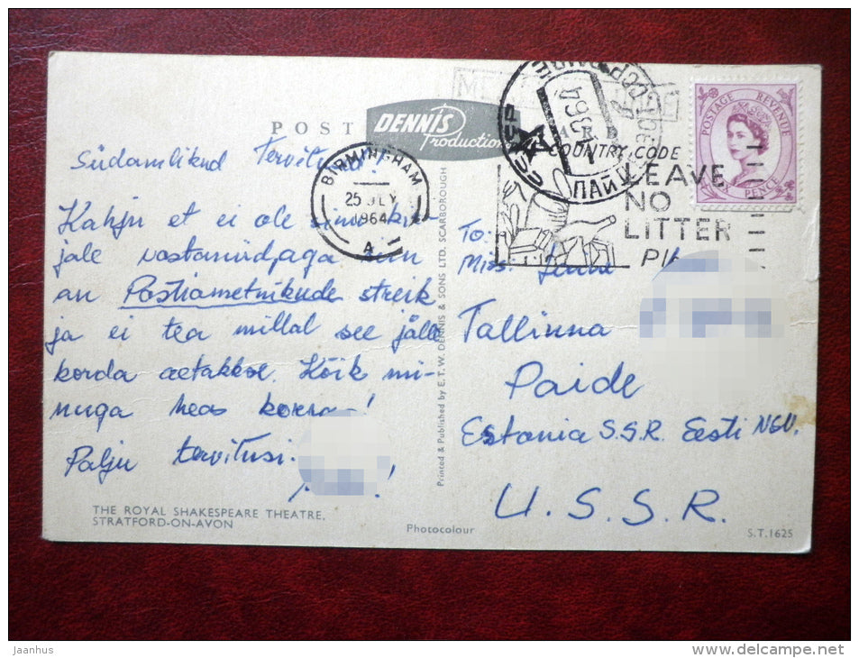 Stratford upon Avon - Royal Shakespeare Theatre - sent to Estonia, USSR 1964 , stamped - England - United Kingdom - used - JH Postcards