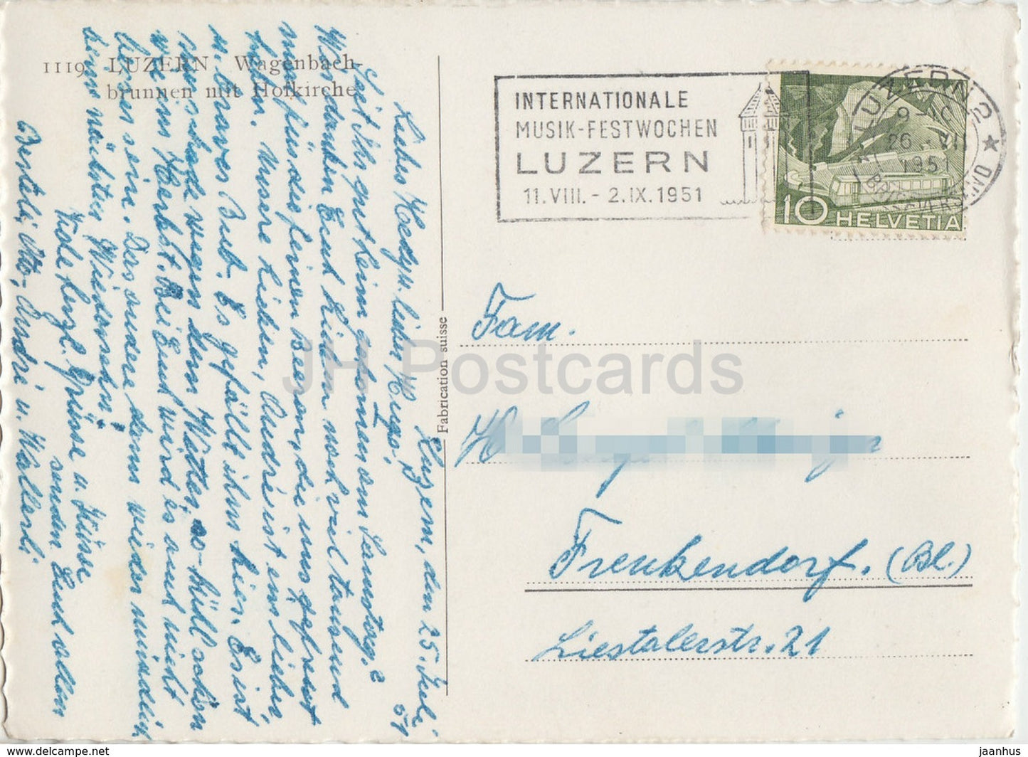 Luzern - Luzern - Wagenbachbrunnen mit Hofkirche - Brunnen - 1119 - 1951 - Schweiz - gebraucht