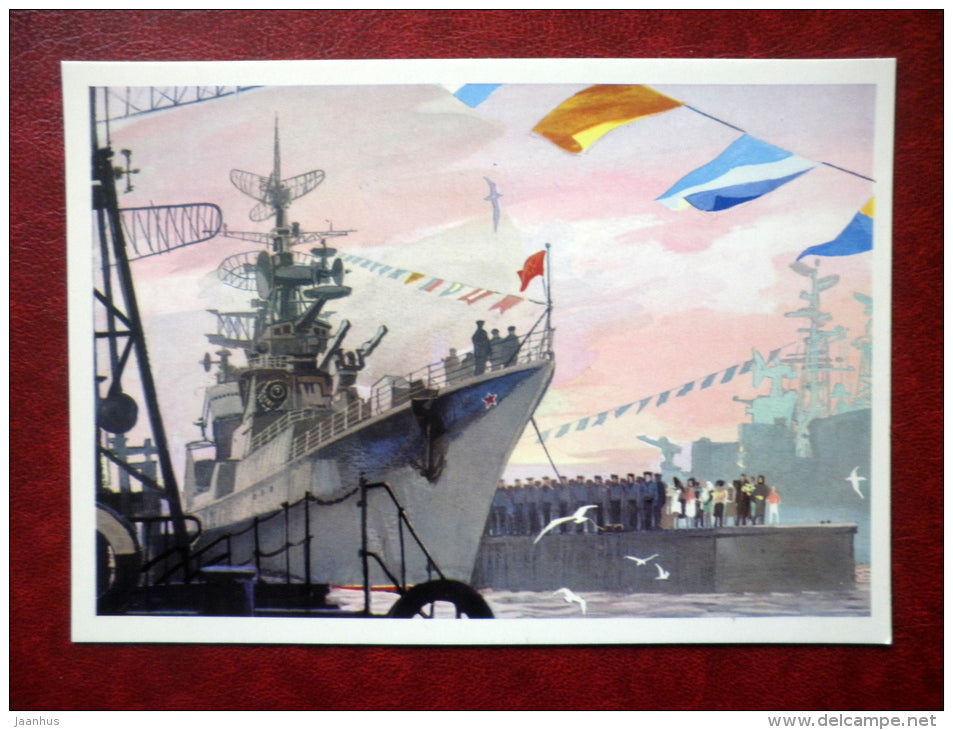 Meeting the ships after the exercise The Ocean - by A. Babanovskiy - warship - 1973 - Russia USSR - unused - JH Postcards