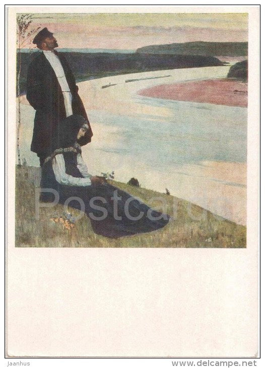 painting by M. Nesterov - Beyond the Volga river , 1905 - man and woman - russian art - unused - JH Postcards