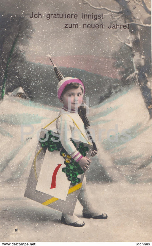 New Year Greeting Card - Ich gratuliere innigst zum neuen Jahre! - boy - 980/2 - old postcard - 1919 - Germany - used - JH Postcards