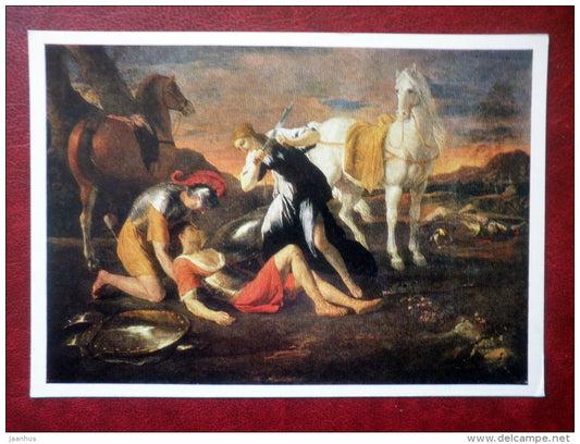 painting by Nicolas Poussin - Tancred and Herminia , 1630s - horses - french art - unused - JH Postcards