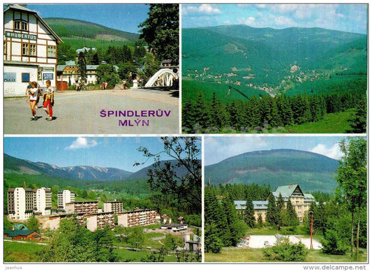 center and hotel Hubertus - apartment houses - Špindleruv Mlyn - Czechoslovakia - Czech - used 1989 - JH Postcards