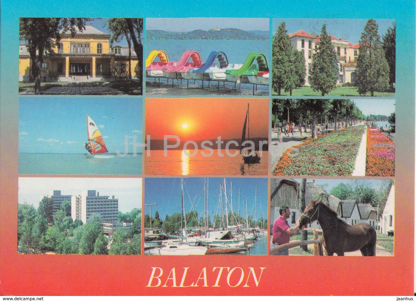 Balaton - sailing boat - windsurfing - horse - multiview - 1990s - Hungary - used - JH Postcards