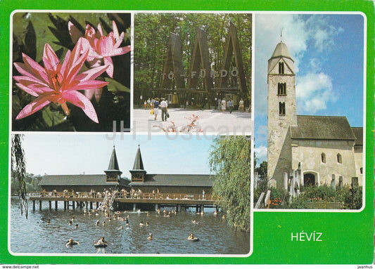 Heviz - church - spa - water lily - multiview - 1991 - Hungary - used - JH Postcards