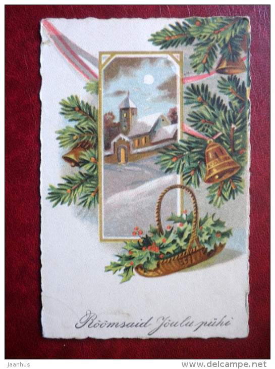 Christmas Greeting Card - church - bells - 446 - circulated in Estonia 1929 , Rakvere - Estonia - used - JH Postcards